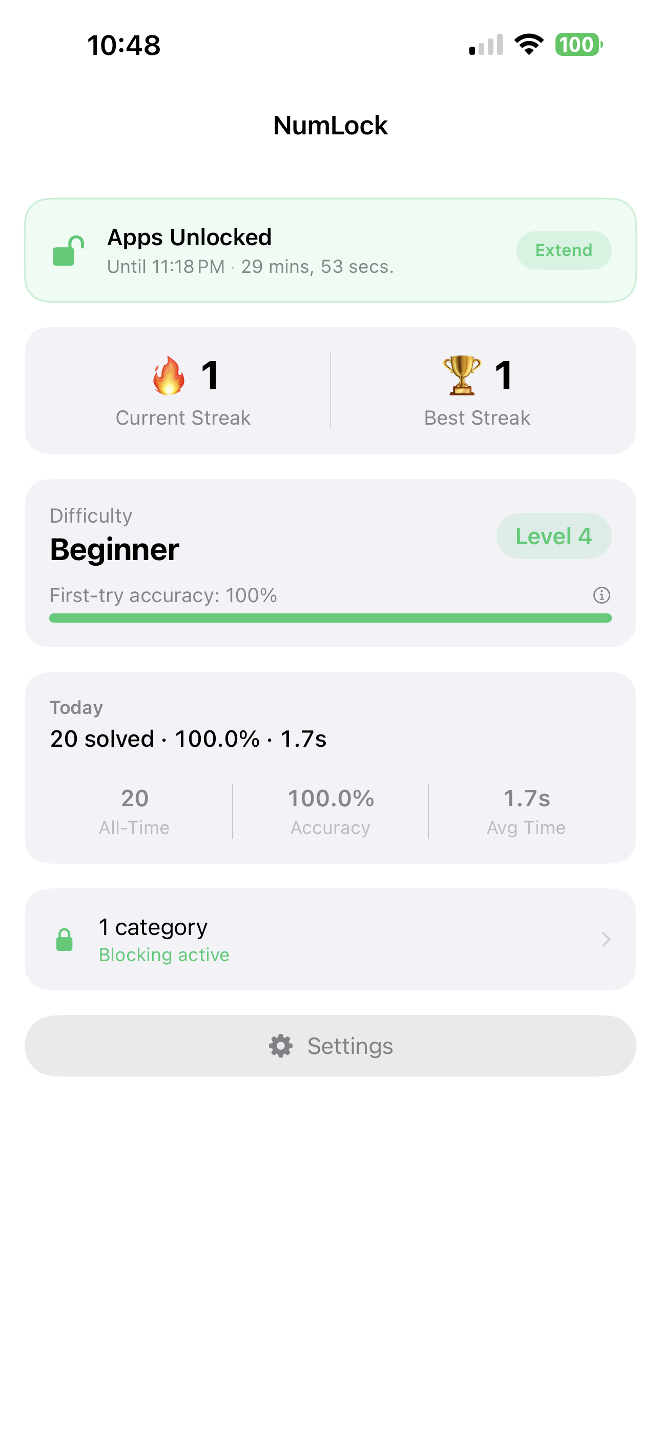 NumLock productivity stats dashboard showing streaks, accuracy, and solve times