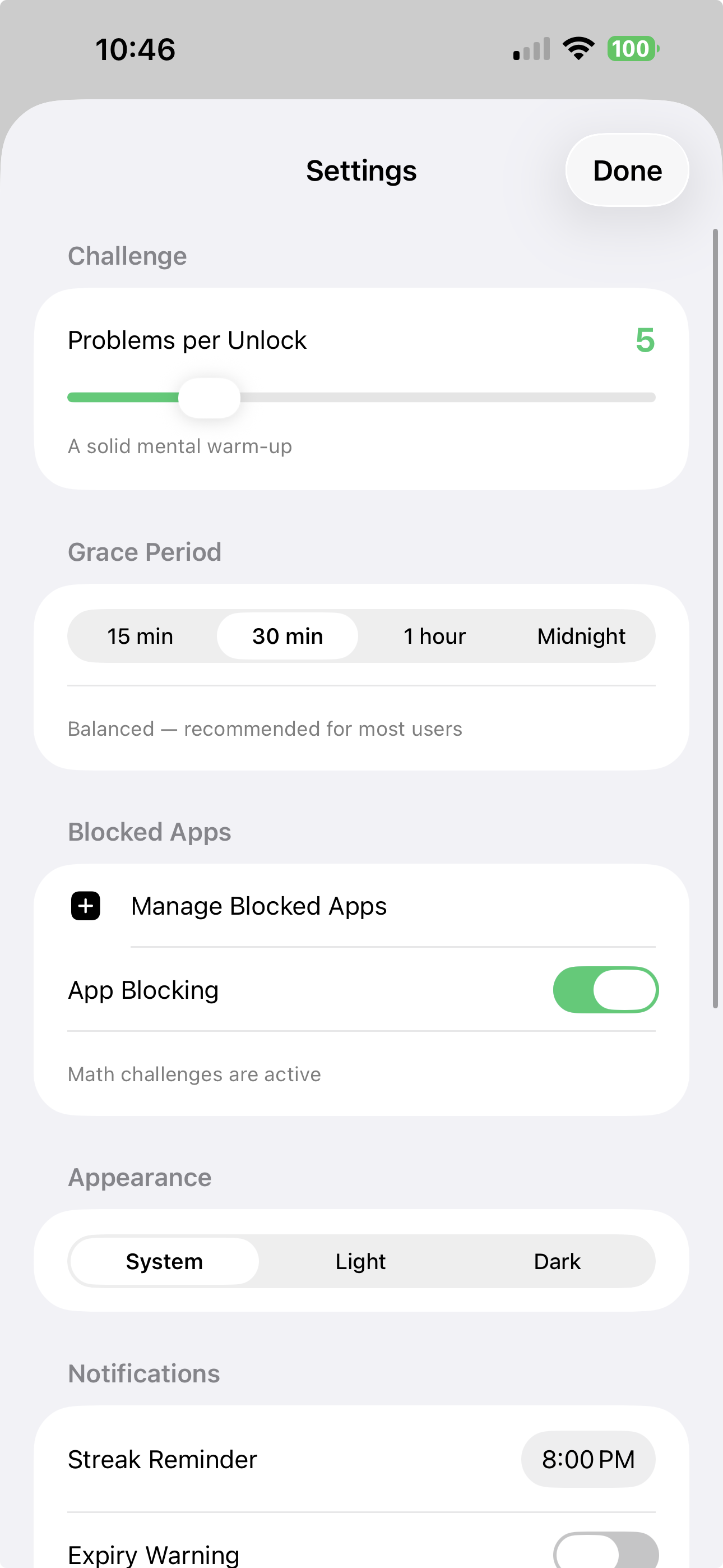 NumLock settings — configure app blocking, grace periods, and difficulty for your screen time blocker