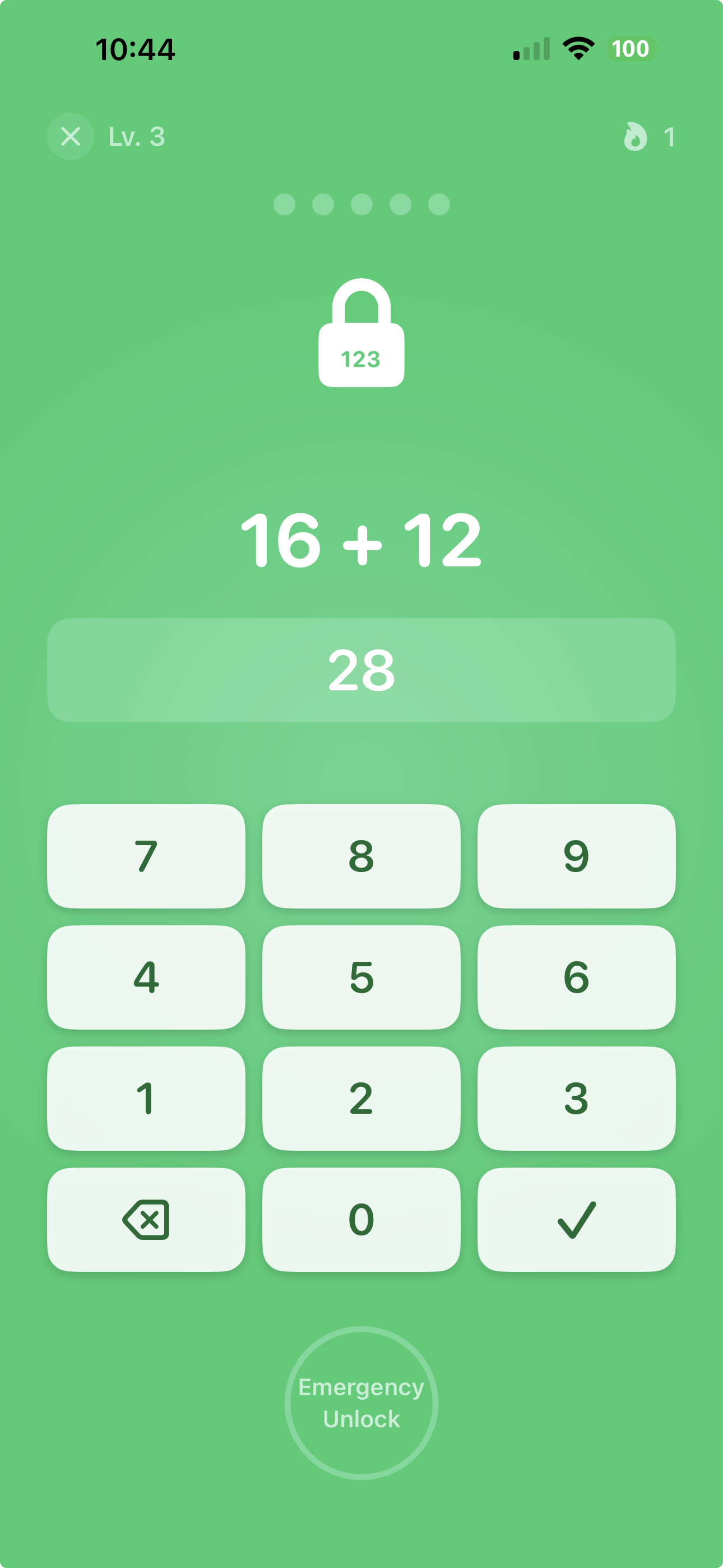 NumLock app blocker for iPhone showing a mental math problem to solve before unlocking apps
